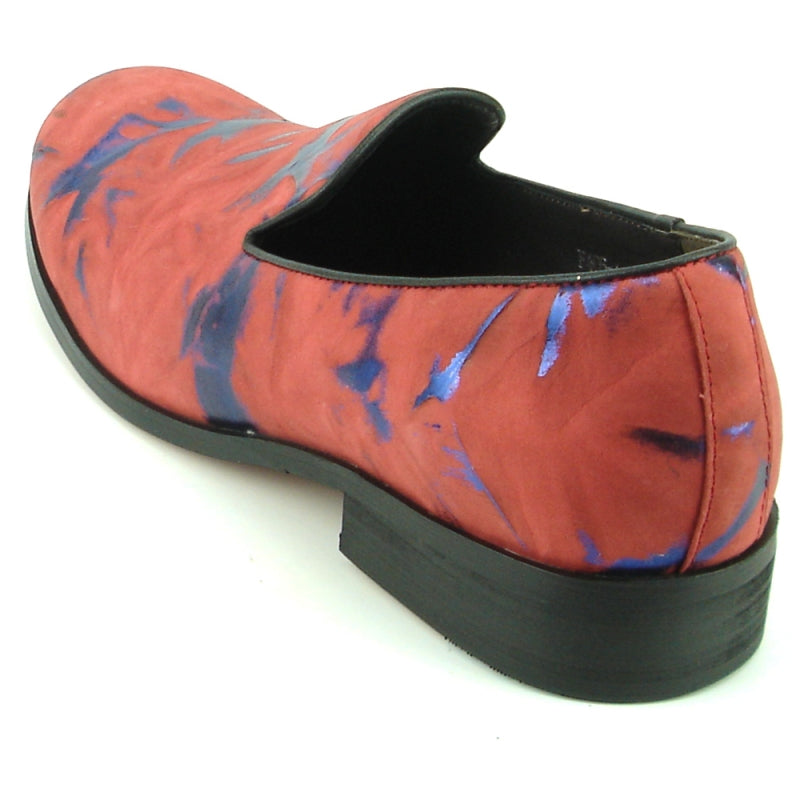 The FI-7367 Red Slip on Fiesso by Aurelio Garcia fashion shoe, with a leather upper in red adorned with blue abstract patterns and a black sole, is shown from a rear angle.