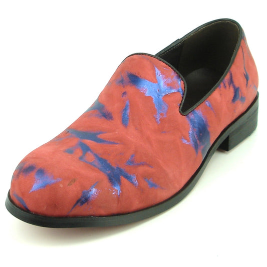 The FI-7367 Red Slip on Fiesso by Aurelio Garcia fashion shoe, with a leather upper in red adorned with blue abstract patterns and a black sole, is shown from a rear angle.