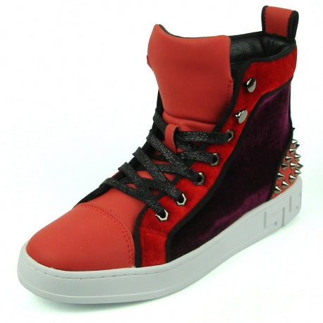 Introducing the FI-2348 Red High Top Sneaker Encore by Fiesso: a stylish men's casual shoe featuring a sleek leather upper in red and black with a white sole, accented by metallic spikes on the heel and complemented by black laces.