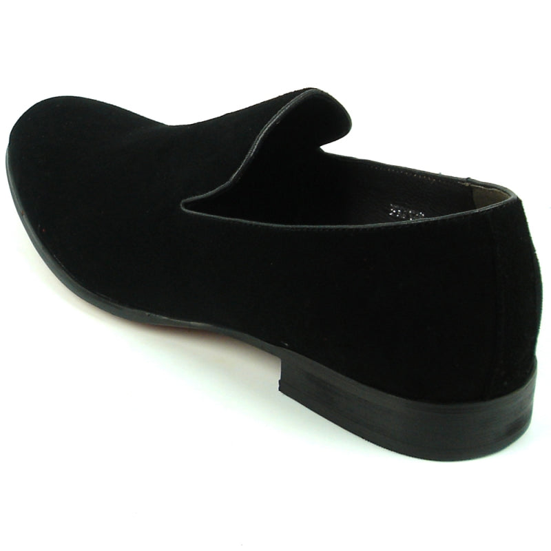 The FI-7216 Black Suede Fiesso by Aurelio Garcia, a slip-on loafer from Fiesso, combines style and comfort with its sleek design, featuring a black suede upper, low heel, and rounded toe.