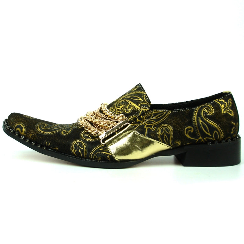 The FI-7322 Gold Chain Leather Shoes by Fiesso feature a black leather upper adorned with elegant gold paisley patterns, a metallic gold buckle, chain decoration, and a sleek pointed toe that completes the low-heel design.