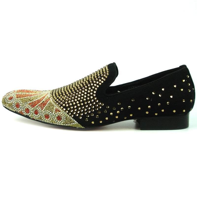 The FI-7328 Black Fiesso by Aurelio Garcia is a black fashion shoe from Fiesso with a suede upper. It features gold and red rhinestones arranged in a floral pattern on the toe and has a studded design throughout, offering comfort with its cushioned insole.