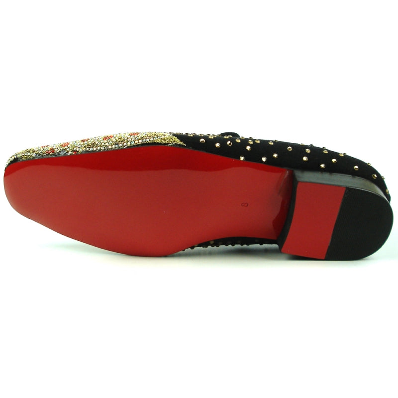 The FI-7328 Black Fiesso by Aurelio Garcia is a black fashion shoe from Fiesso with a suede upper. It features gold and red rhinestones arranged in a floral pattern on the toe and has a studded design throughout, offering comfort with its cushioned insole.