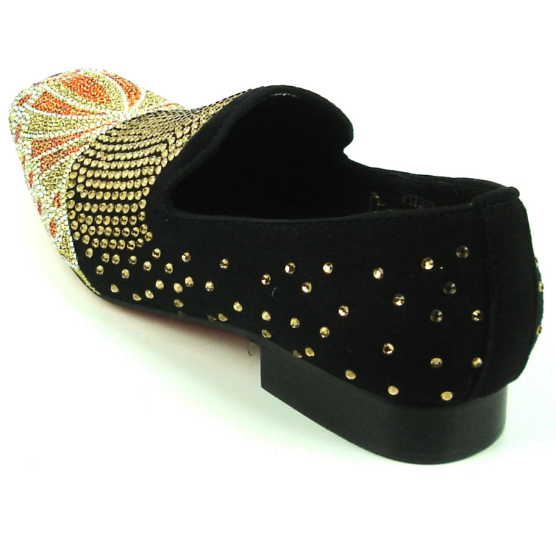 The FI-7328 Black Fiesso by Aurelio Garcia is a black fashion shoe from Fiesso with a suede upper. It features gold and red rhinestones arranged in a floral pattern on the toe and has a studded design throughout, offering comfort with its cushioned insole.