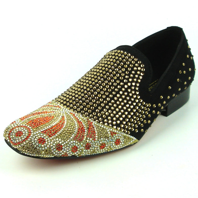 The FI-7328 Black Fiesso by Aurelio Garcia is a black fashion shoe from Fiesso with a suede upper. It features gold and red rhinestones arranged in a floral pattern on the toe and has a studded design throughout, offering comfort with its cushioned insole.