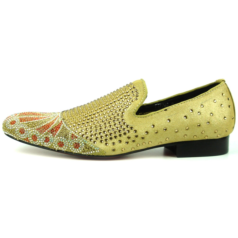 The FI-7328 Silver Fiesso by Aurelio Garcia slip-on shoe showcases intricate beadwork with a vibrant orange paisley pattern on the toe, enhanced by a luxurious suede upper.