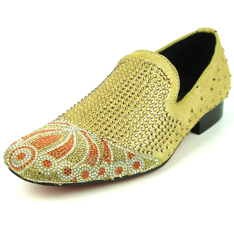 The FI-7328 Silver Fiesso by Aurelio Garcia slip-on shoe showcases intricate beadwork with a vibrant orange paisley pattern on the toe, enhanced by a luxurious suede upper.