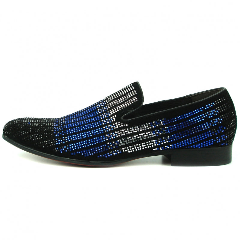 The FI-7361 Black Blue Silver Fiesso by Aurelio Garcia loafer from Fiesso offers a chic take on the classic fashion shoe with its black design and blue and silver rhinestones arranged in vertical patterns.