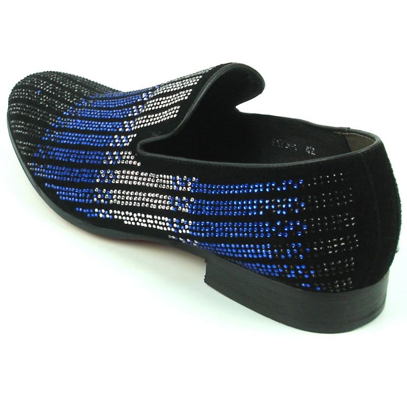 The FI-7361 Black Blue Silver Fiesso by Aurelio Garcia loafer from Fiesso offers a chic take on the classic fashion shoe with its black design and blue and silver rhinestones arranged in vertical patterns.