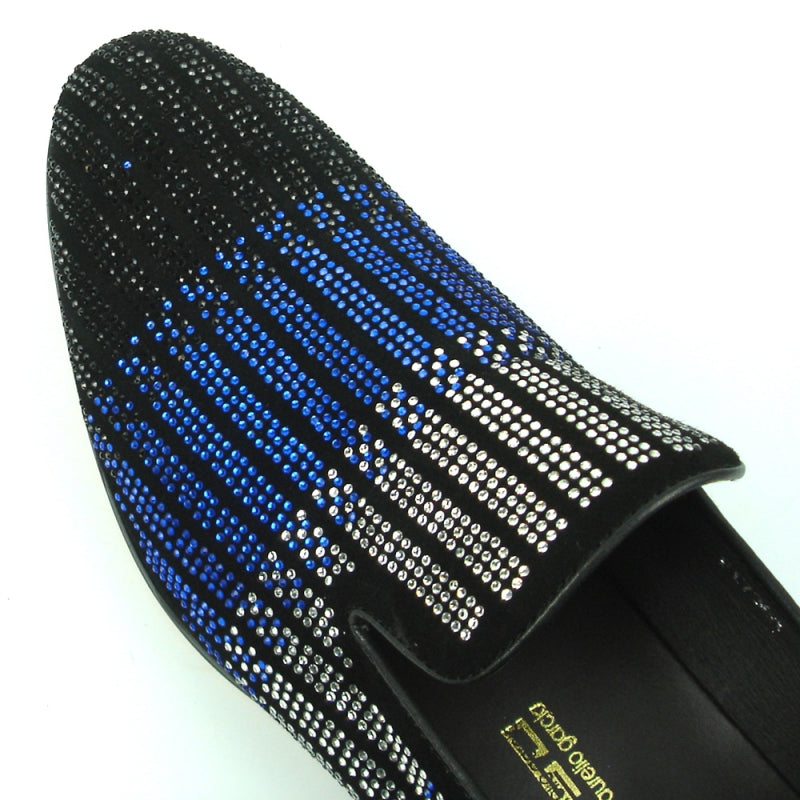 The FI-7361 Black Blue Silver Fiesso by Aurelio Garcia loafer from Fiesso offers a chic take on the classic fashion shoe with its black design and blue and silver rhinestones arranged in vertical patterns.