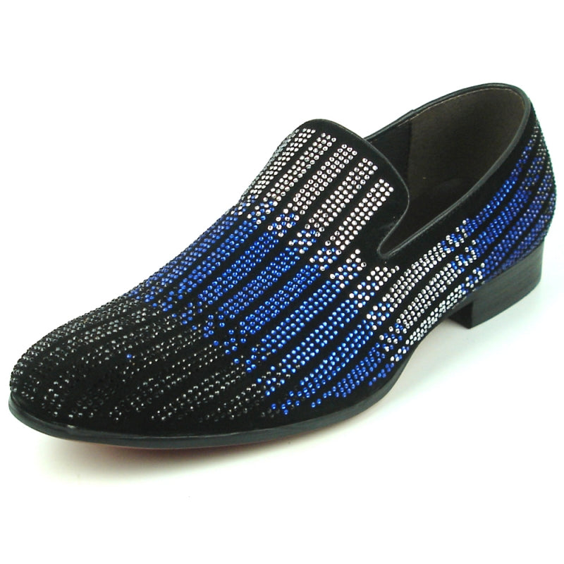 The FI-7361 Black Blue Silver Fiesso by Aurelio Garcia loafer from Fiesso offers a chic take on the classic fashion shoe with its black design and blue and silver rhinestones arranged in vertical patterns.