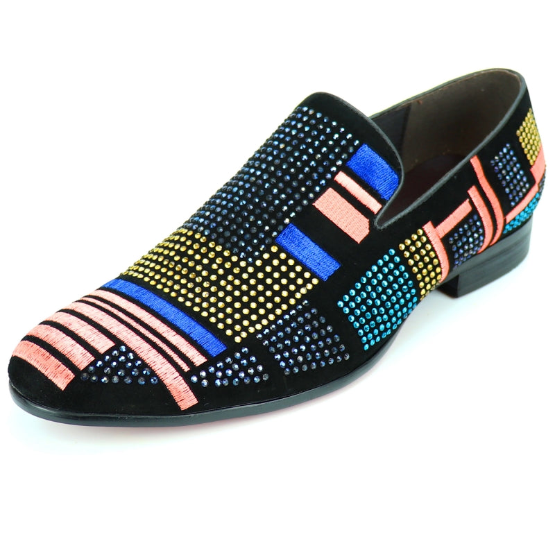 Introducing the FI-7269 Black Multi Color Fiesso by Aurelio Garcia shoe from the Fiesso brand, showcasing a vibrant fashion design with a suede upper adorned with geometric patterns in blue, yellow, pink, and black. It is enhanced with a cushioned insole for superior comfort.