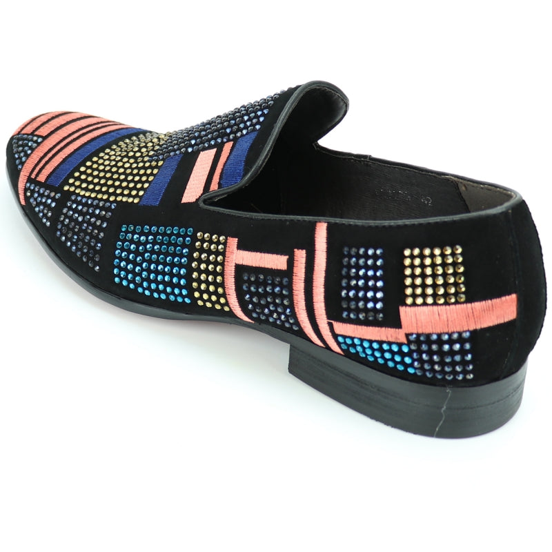 Introducing the FI-7269 Black Multi Color Fiesso by Aurelio Garcia shoe from the Fiesso brand, showcasing a vibrant fashion design with a suede upper adorned with geometric patterns in blue, yellow, pink, and black. It is enhanced with a cushioned insole for superior comfort.