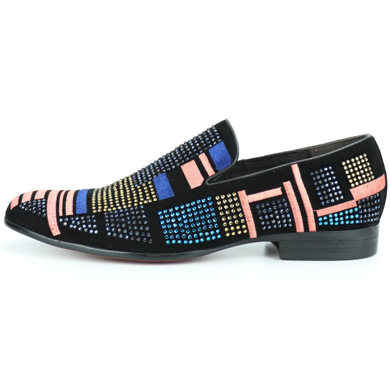 Introducing the FI-7269 Black Multi Color Fiesso by Aurelio Garcia shoe from the Fiesso brand, showcasing a vibrant fashion design with a suede upper adorned with geometric patterns in blue, yellow, pink, and black. It is enhanced with a cushioned insole for superior comfort.