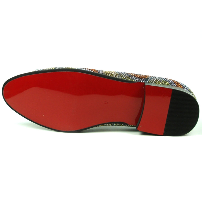 Introducing the FI-7390 Multi Color Fiesso by Aurelio Garcia from Fiesso: This stylish loafer boasts a multicolored, textured design with a suede upper and is adorned with tassel and bead accents. It features a vibrant red interior, a low black heel, and offers exceptional comfort thanks to its cushioned insole.