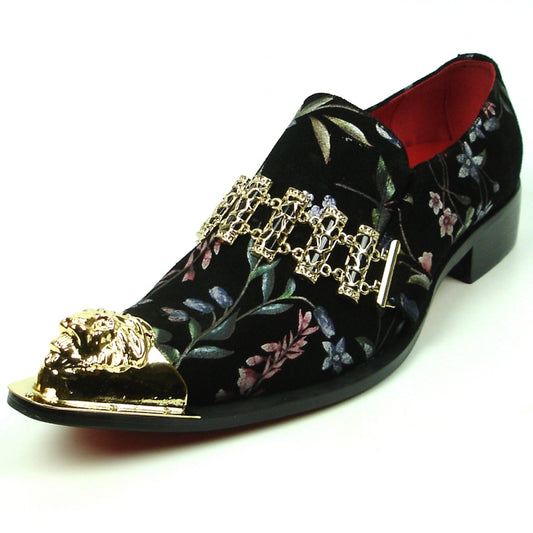 Introducing the FI-7394 Black Floral Fiesso by Aurelio Garcia from the brand Fiesso, a fashion shoe that showcases a black velvet design adorned with floral embroidery. It features a striking gold lion head at the toe and a stylish chain across the upper, making it both comfortable and fashionable with its cushioned insole.