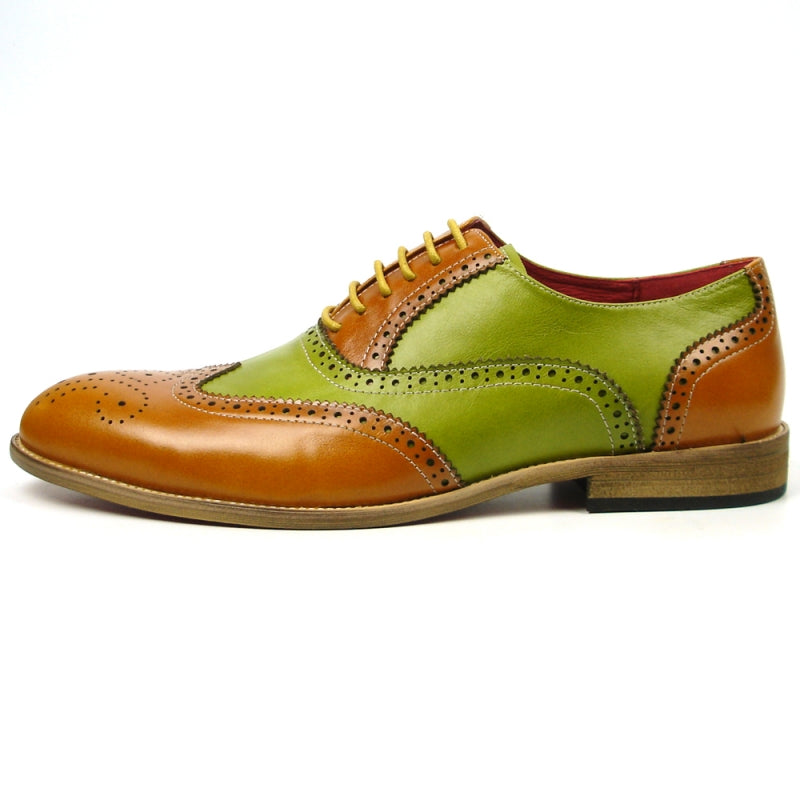 The FI-7400 Tan Green Wing Tip Lace Up by Fiesso showcases a leather upper adorned with brown and green panels, intricate decorative perforations, and sophisticated brown laces.