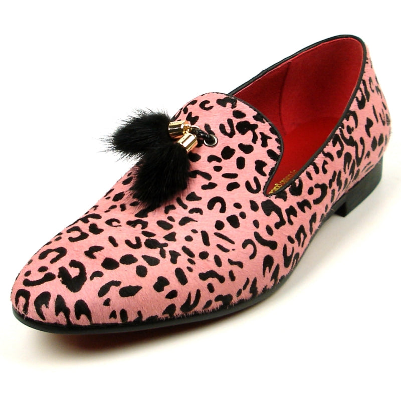 The FI-7402 Black Pink Leopard Fiesso by Aurelio Garcia, from the brand Fiesso, is a striking loafer featuring a pink leopard print with black tassels and a vibrant red interior. Designed as a slip-on leather fashion shoe, it offers ultimate comfort with its cushioned insole while making a bold statement that seamlessly blends style and practicality.