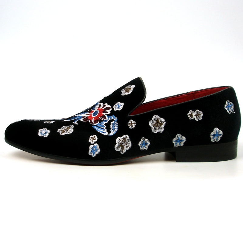 A black slip-on fashion shoe with a velvet upper, showcasing an elegant floral design by Fiesso, product name FI-7413.