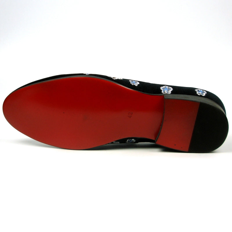 A black slip-on fashion shoe with a velvet upper, showcasing an elegant floral design by Fiesso, product name FI-7413.