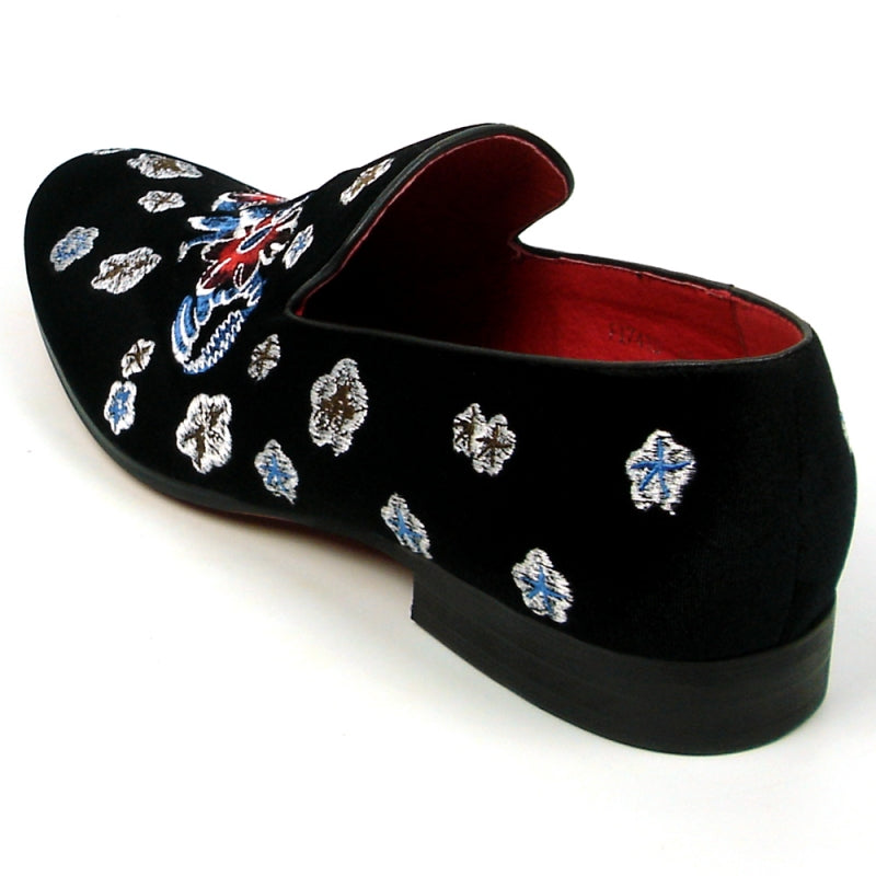 A black slip-on fashion shoe with a velvet upper, showcasing an elegant floral design by Fiesso, product name FI-7413.