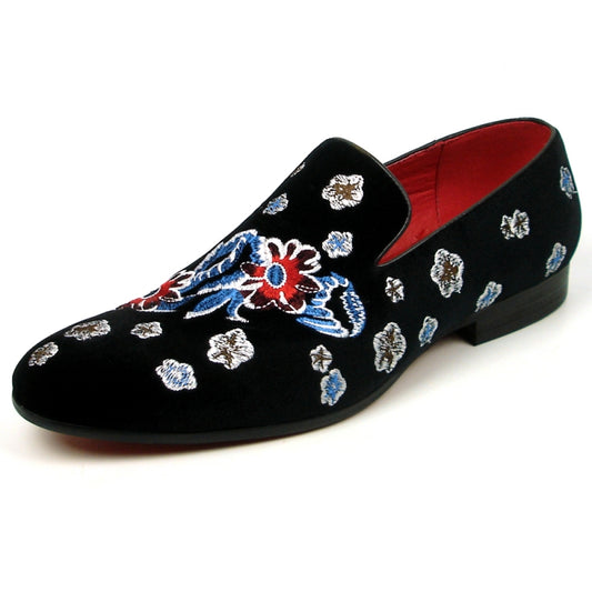 A black slip-on fashion shoe with a velvet upper, showcasing an elegant floral design by Fiesso, product name FI-7413.