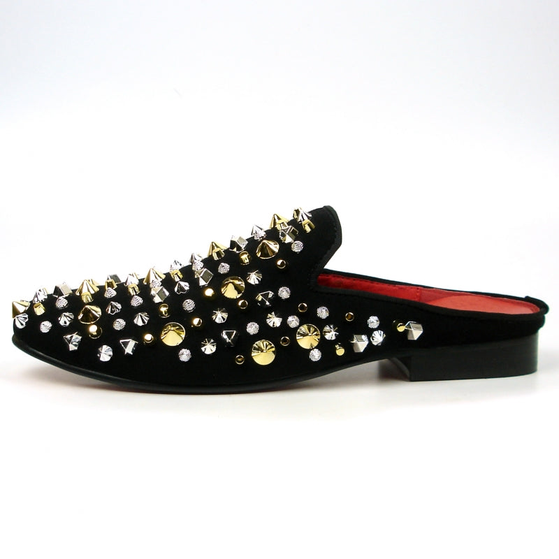 The FI-7418 Black Suede Gold/Silver Studs Sandal by Fiesso elegantly combines style and comfort with its chic black design, featuring gold and silver studs set against a pristine white background and a cushioned insole.