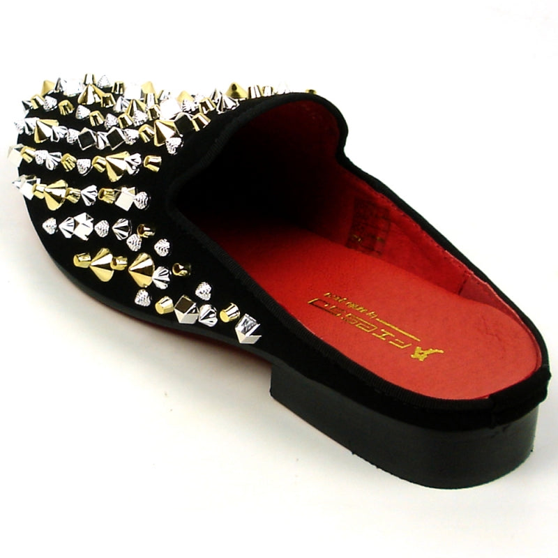 The FI-7418 Black Suede Gold/Silver Studs Sandal by Fiesso elegantly combines style and comfort with its chic black design, featuring gold and silver studs set against a pristine white background and a cushioned insole.