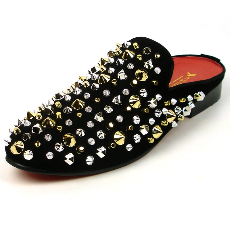 The FI-7418 Black Suede Gold/Silver Studs Sandal by Fiesso elegantly combines style and comfort with its chic black design, featuring gold and silver studs set against a pristine white background and a cushioned insole.