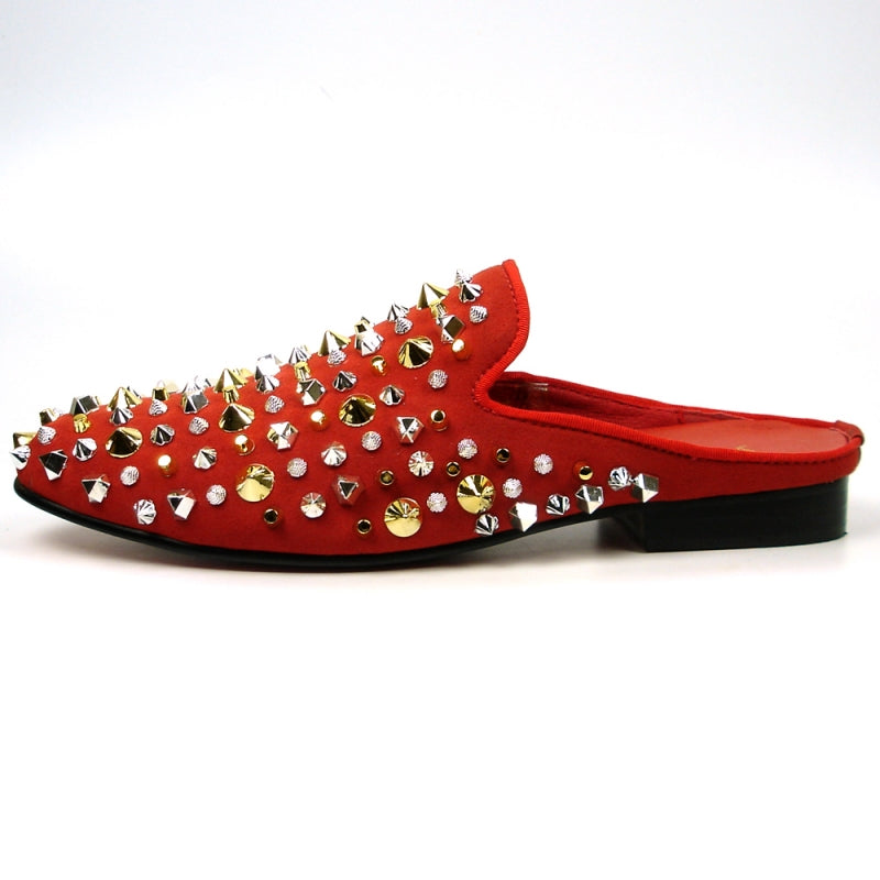 The FI-7418 Red Suede Gold/Silver Studs Sandal by Fiesso offers a bold look with its luxurious red suede upper adorned with striking gold and silver studs and spikes.