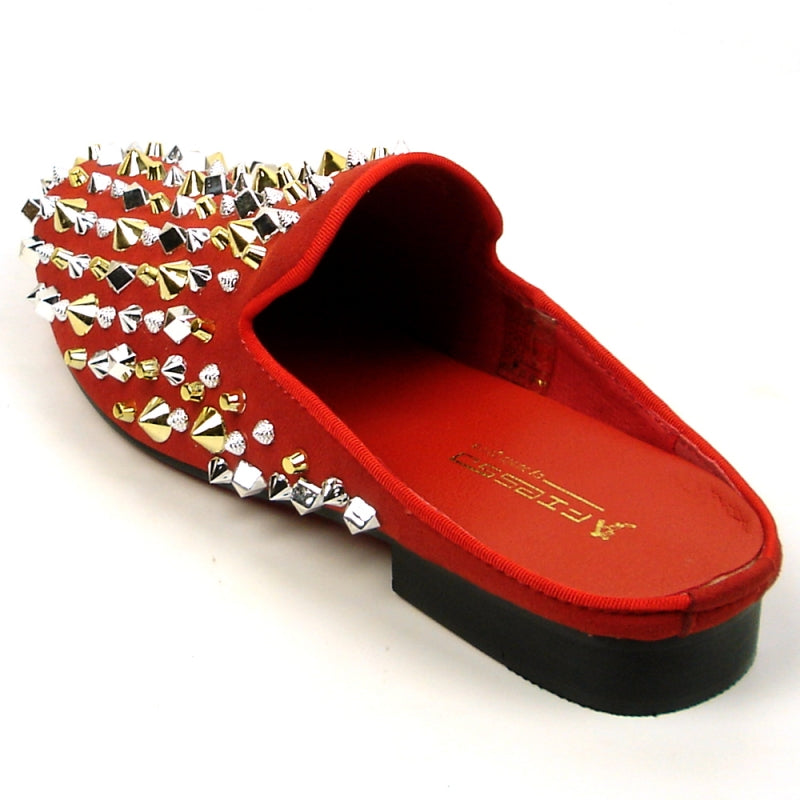 The FI-7418 Red Suede Gold/Silver Studs Sandal by Fiesso offers a bold look with its luxurious red suede upper adorned with striking gold and silver studs and spikes.