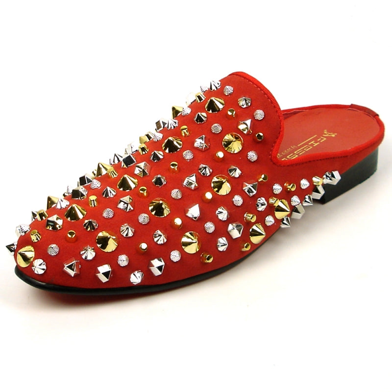 The FI-7418 Red Suede Gold/Silver Studs Sandal by Fiesso offers a bold look with its luxurious red suede upper adorned with striking gold and silver studs and spikes.