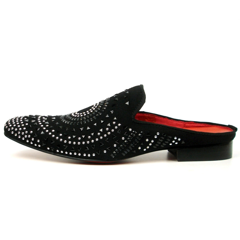 The FI-7420 Black Suede slip-on shoe by Fiesso features a suede upper adorned with decorative silver studs and a red interior. Designed by Aurelio Garcia, it includes a cushioned insole for enhanced comfort.