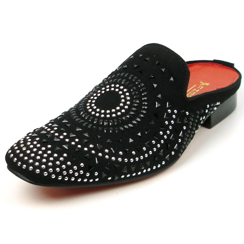 The FI-7420 Black Suede slip-on shoe by Fiesso features a suede upper adorned with decorative silver studs and a red interior. Designed by Aurelio Garcia, it includes a cushioned insole for enhanced comfort.