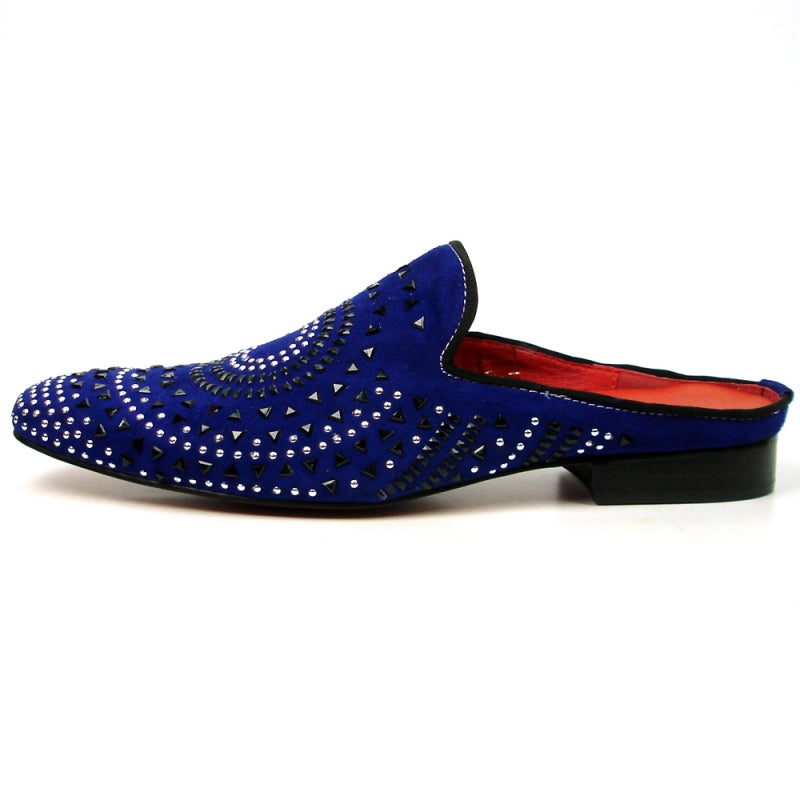 The FI-7420 Blue Suede Fiesso by Aurelio Garcia fashion shoe is a blue slip-on with a suede upper, embellished with an eye-catching concentric pattern of black and silver studs on the exterior, and showcasing a bold red interior.