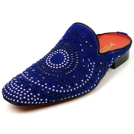 The FI-7420 Blue Suede Fiesso by Aurelio Garcia fashion shoe is a blue slip-on with a suede upper, embellished with an eye-catching concentric pattern of black and silver studs on the exterior, and showcasing a bold red interior.