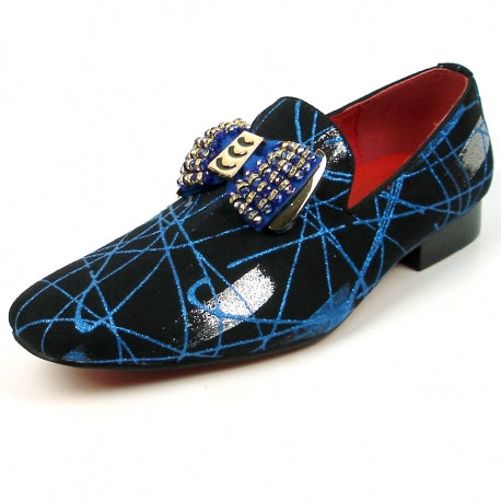 Experience ultimate comfort and style with the FI-7426 Black Blue Slip-on by Fiesso, featuring a sleek black leather design adorned with striking blue crisscross patterns, elegant silver accents, and a decorative bejeweled buckle. This masterpiece by Aurelio Garcia includes a cushioned insole for enhanced comfort.