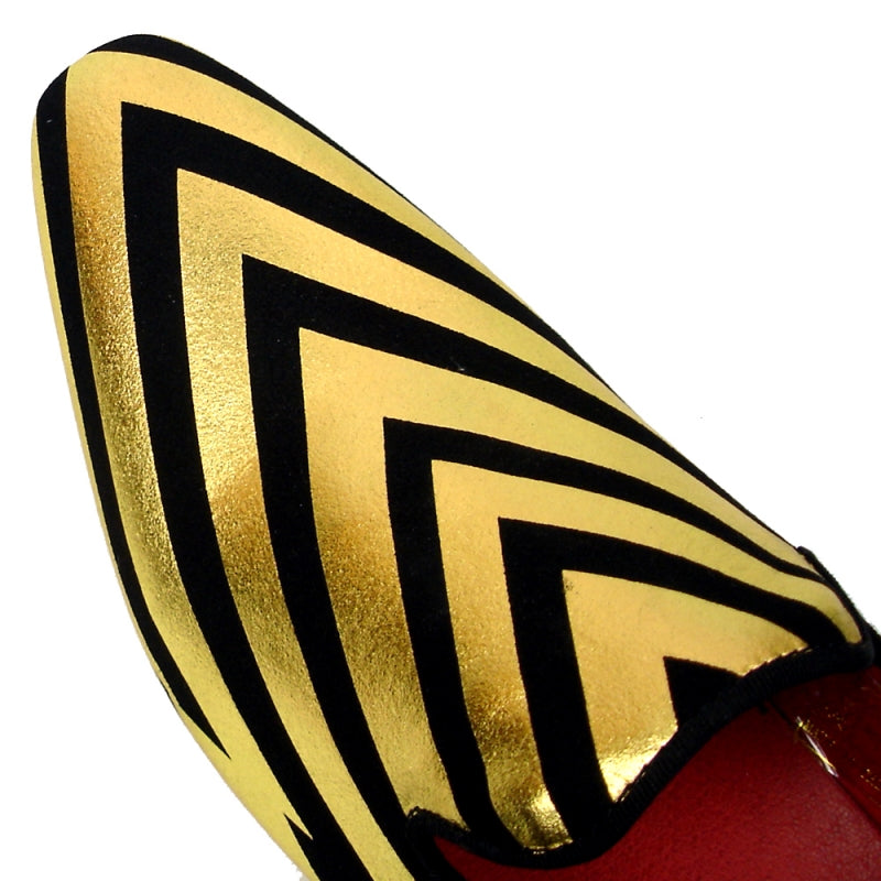 Fiesso offers the FI-7429 Black Gold Stripes shoe by Aurelio Garcia, showcasing a leather upper with a gold and black stripe design, a low heel, and an eye-catching red interior.