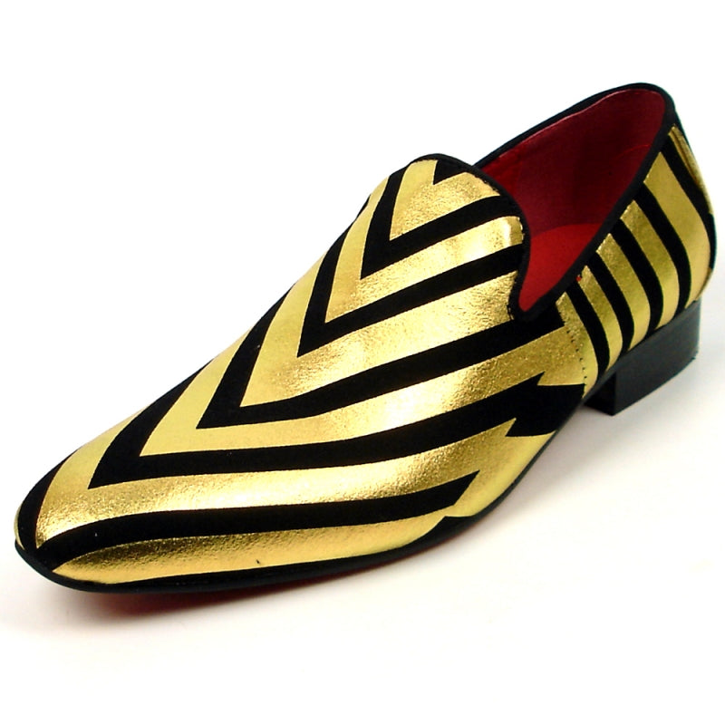 Fiesso offers the FI-7429 Black Gold Stripes shoe by Aurelio Garcia, showcasing a leather upper with a gold and black stripe design, a low heel, and an eye-catching red interior.