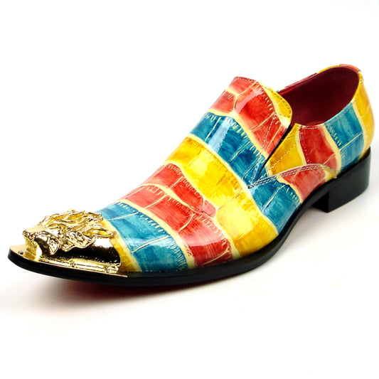 Introducing the FI-7433 Multi Color Metal Tip Fiesso by Aurelio Garcia, a vibrant fashion shoe from the brand Fiesso. It boasts a leather upper adorned with an eye-catching red, yellow, and blue patchwork design and is accented by a gold decorative piece on the toe. Experience all-day comfort thanks to its cushioned insole.