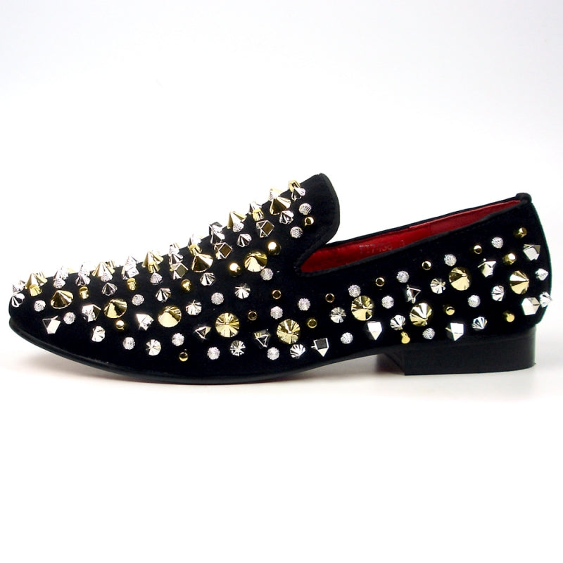 The FI-7436 Black Suede Silver/Gold Spikes by Fiesso from Aurelio Garcia is a black slip-on fashion shoe with a leather upper, adorned with dazzling gold and silver spikes and studs, complemented by a striking red interior and a cushioned insole for added comfort.