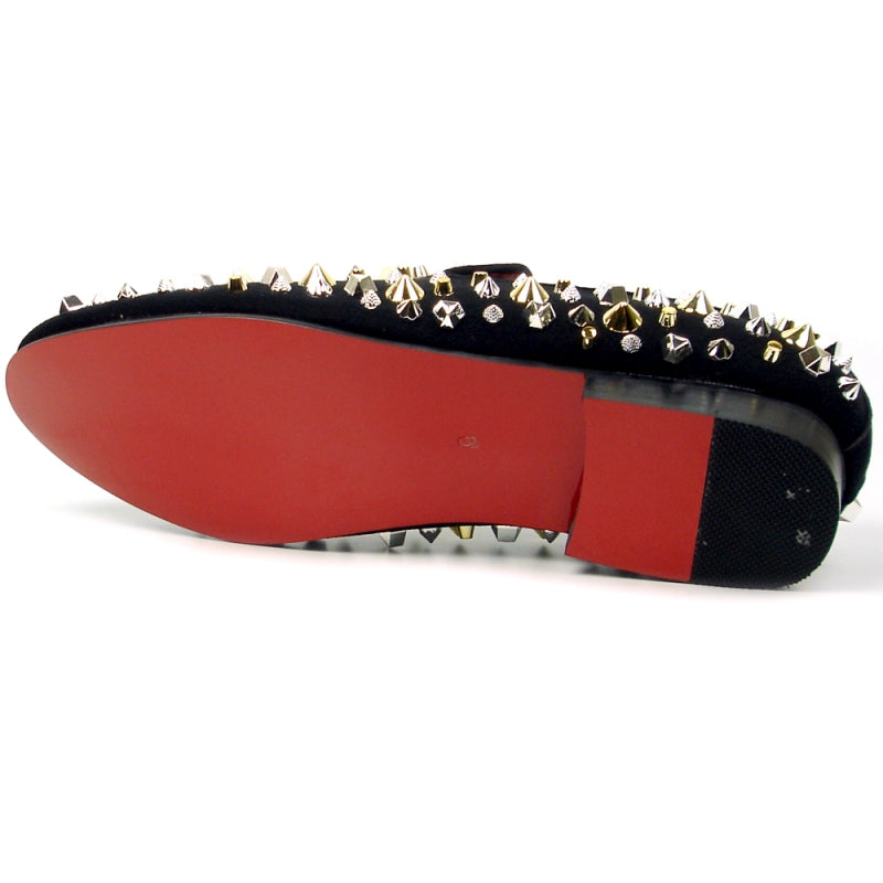 The FI-7436 Black Suede Silver/Gold Spikes by Fiesso from Aurelio Garcia is a black slip-on fashion shoe with a leather upper, adorned with dazzling gold and silver spikes and studs, complemented by a striking red interior and a cushioned insole for added comfort.