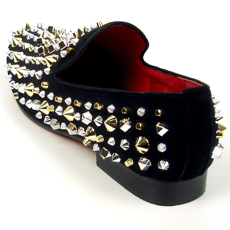 The FI-7436 Black Suede Silver/Gold Spikes by Fiesso from Aurelio Garcia is a black slip-on fashion shoe with a leather upper, adorned with dazzling gold and silver spikes and studs, complemented by a striking red interior and a cushioned insole for added comfort.