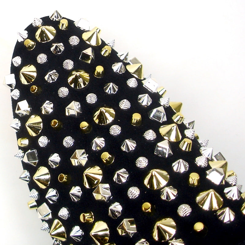 The FI-7436 Black Suede Silver/Gold Spikes by Fiesso from Aurelio Garcia is a black slip-on fashion shoe with a leather upper, adorned with dazzling gold and silver spikes and studs, complemented by a striking red interior and a cushioned insole for added comfort.