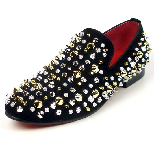 The FI-7436 Black Suede Silver/Gold Spikes by Fiesso from Aurelio Garcia is a black slip-on fashion shoe with a leather upper, adorned with dazzling gold and silver spikes and studs, complemented by a striking red interior and a cushioned insole for added comfort.