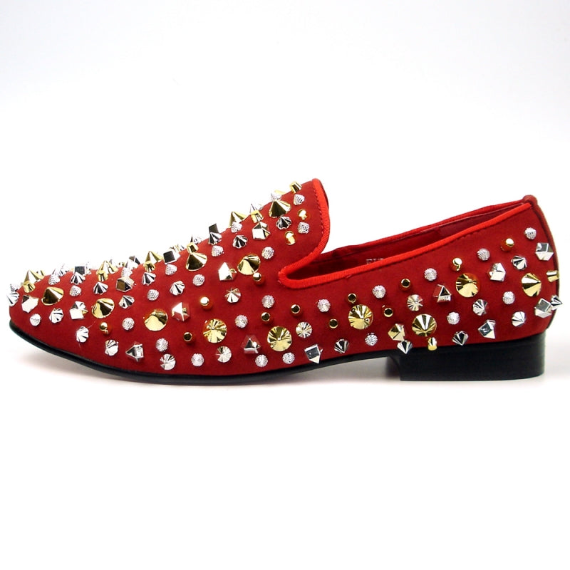 The FI-7436 Red Suede Silver/Gold Spikes shoe by Fiesso stands out with its striking red suede upper, embellished with sparkling gold and silver spikes and studs, and includes a cushioned insole for added comfort.