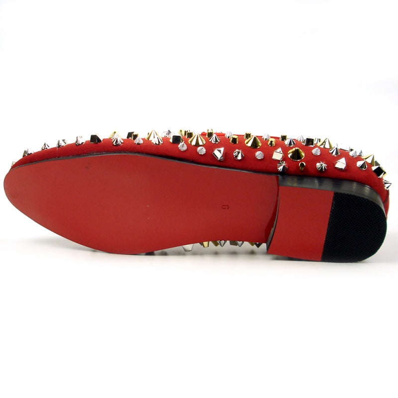 The FI-7436 Red Suede Silver/Gold Spikes shoe by Fiesso stands out with its striking red suede upper, embellished with sparkling gold and silver spikes and studs, and includes a cushioned insole for added comfort.