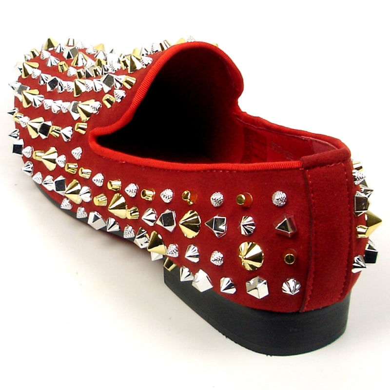 The FI-7436 Red Suede Silver/Gold Spikes shoe by Fiesso stands out with its striking red suede upper, embellished with sparkling gold and silver spikes and studs, and includes a cushioned insole for added comfort.