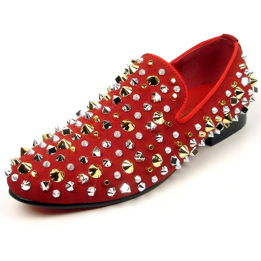 The FI-7436 Red Suede Silver/Gold Spikes shoe by Fiesso stands out with its striking red suede upper, embellished with sparkling gold and silver spikes and studs, and includes a cushioned insole for added comfort.