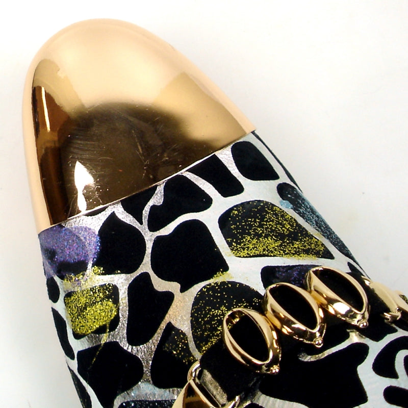 Introducing the FI-7448 Multi Color Gold Metal Tip by Fiesso, a chic fashion shoe that boasts a giraffe print design, a striking gold metallic toe, and a decorative chain. With its leather upper and cushioned insole, this shoe seamlessly blends style with comfort.